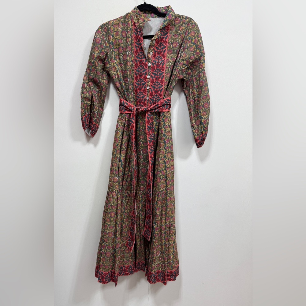 Victoria Dunn Red-Trimmed Green Floral Maxi Dress